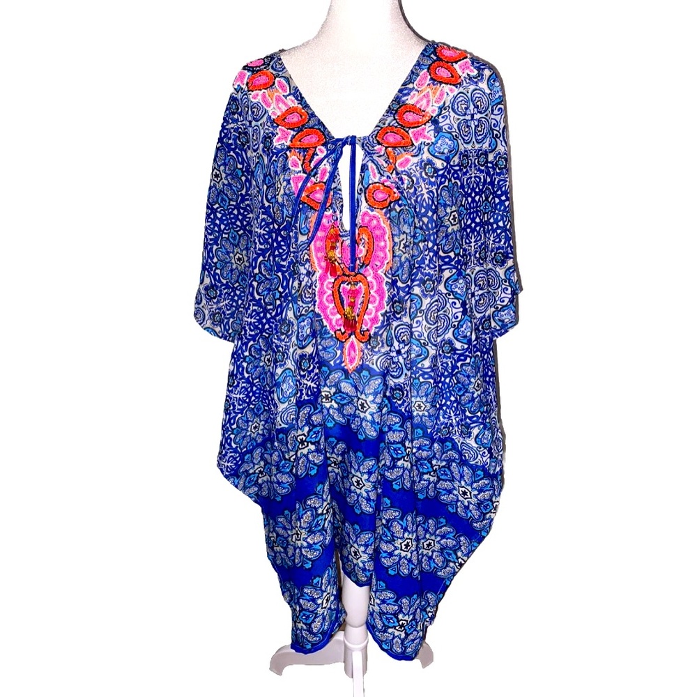 Hand-Beaded Blue Print Kaftan Beaded Tassel Detail Beach Coverup- Sz L
